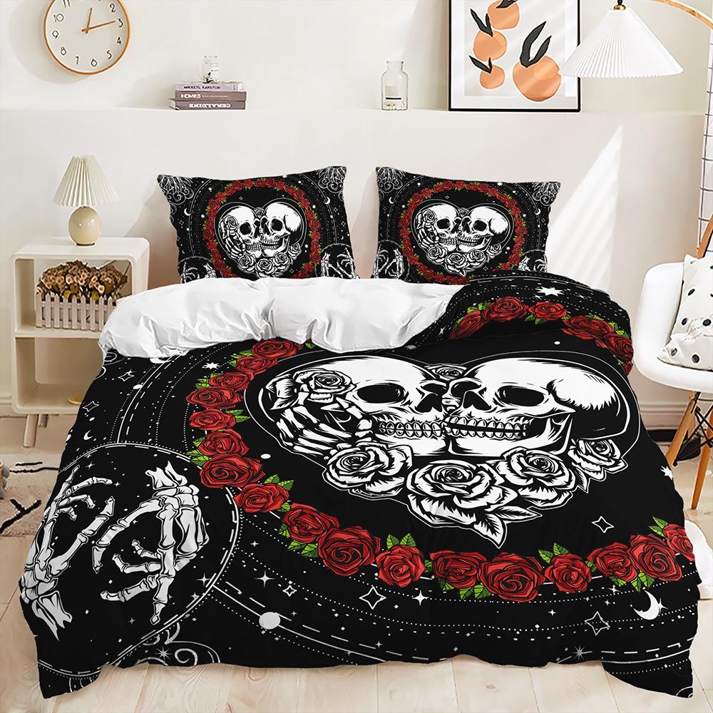3D Gedrucktes Schädel Blumen Bettwäsche Set King Queen Bett Daunen Bettbezug Kissenbezüge 2/3tlg. Männer Jungen Teenager Bezug Halloween Geschenk