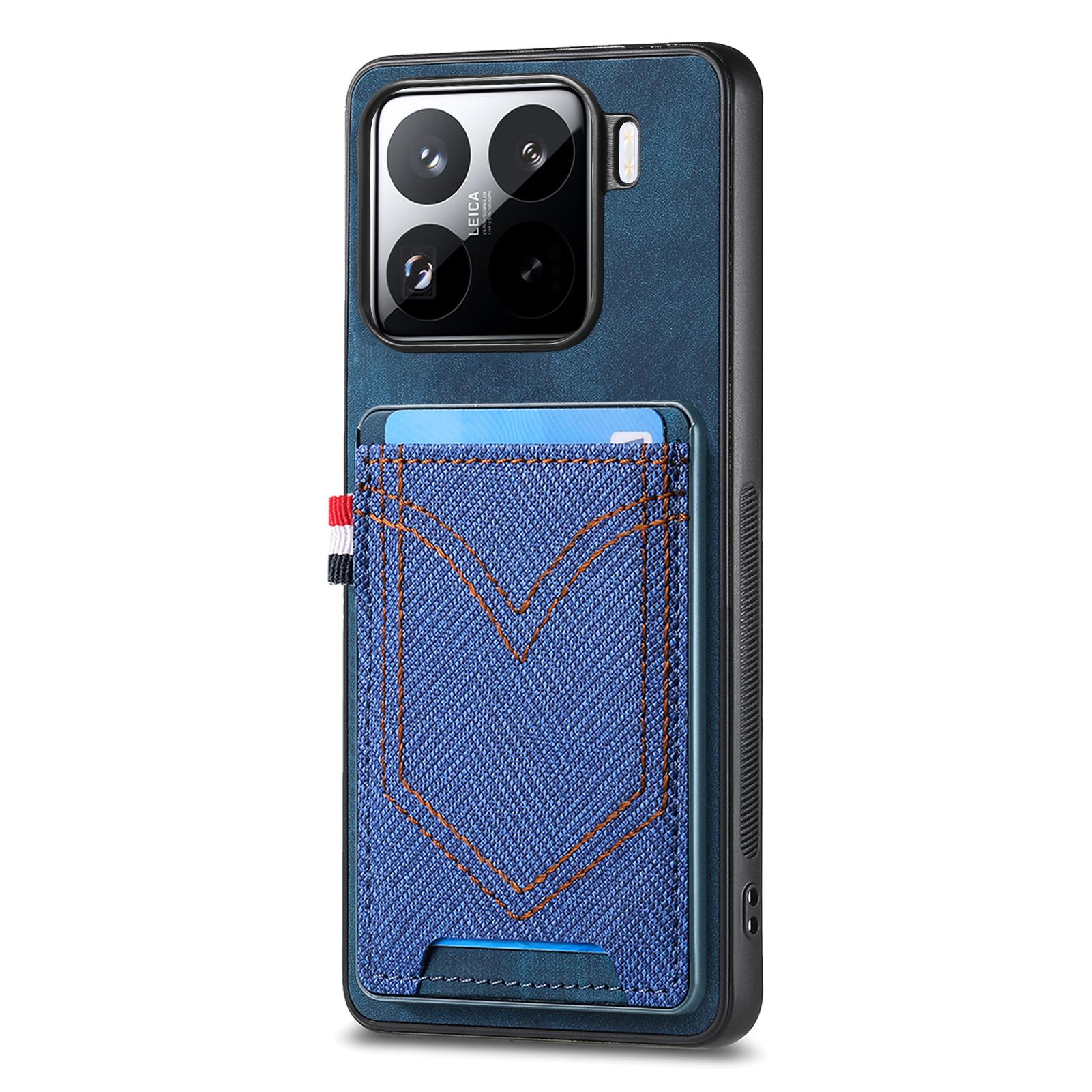 

For Xiaomi 15 Pro Phone Case Retro Jean Cloth Texture Leather Back Cover Card Holder Blue