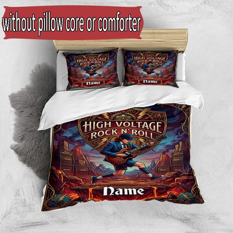 3pcs Duvet Cover Set (1*Duvet Cover + 2*Pillowcase, Without Core), Custom Name ACDC BAND Pattern Bedding Set, Home Bedroom Decor Gift
