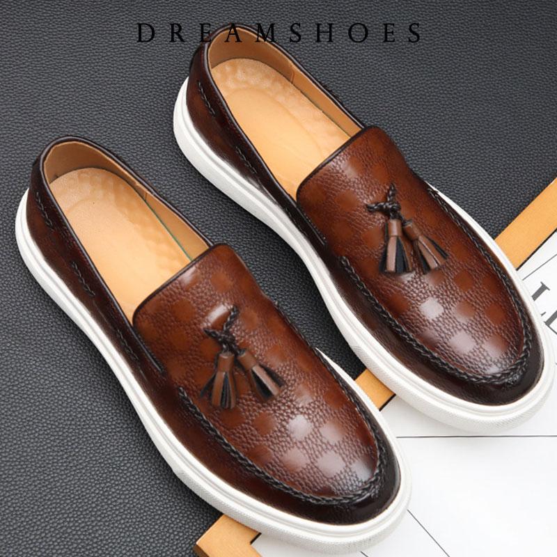 2025 Brand Design Men Patent Genuine Leather Loafers Moccasins Men's Tassel Loafers Vintage Slip-on Casual Men Social Dress Shoe