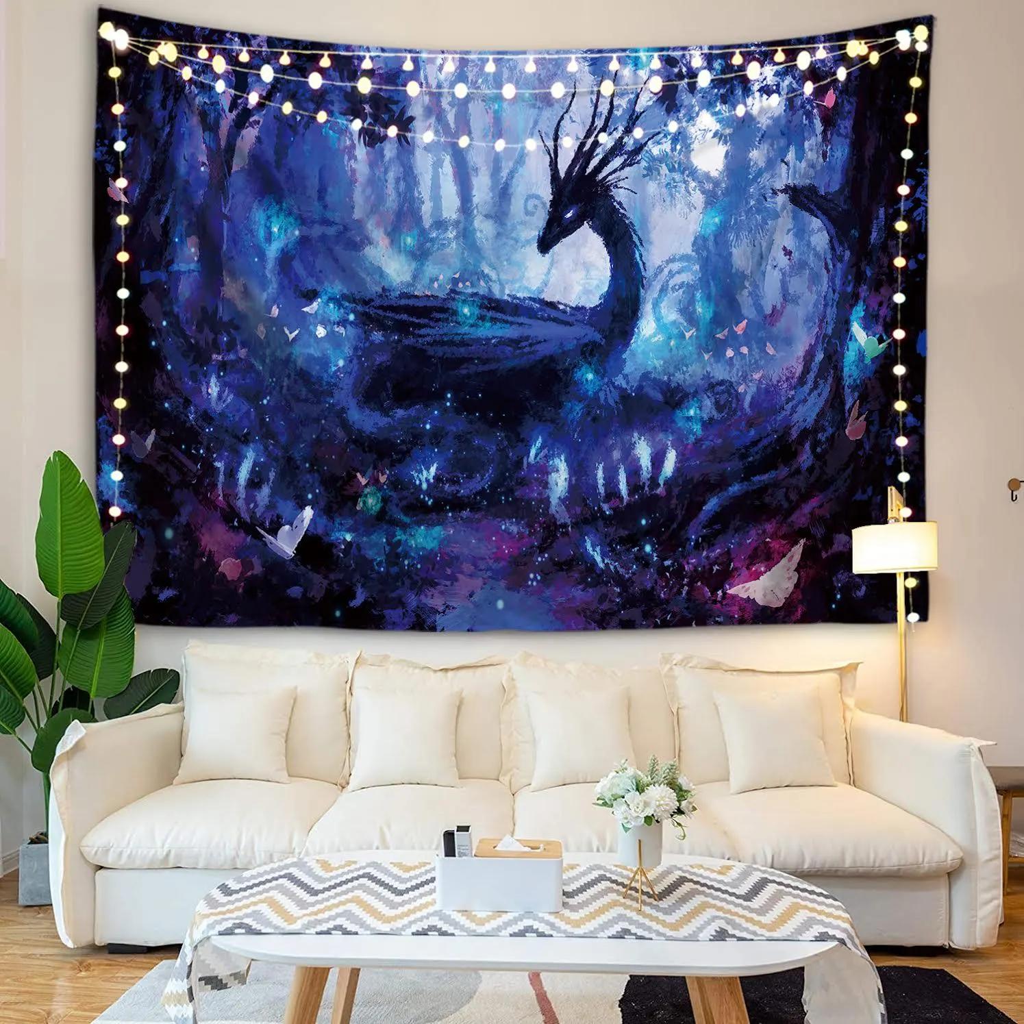 

Dreamy Enchanted Forest Tapestry Blue Fantasy Dragon Wall Art Cool Anime Decor Living Room Bedroom Dorm Nature Decorative Gift 74x94cm(29x37in)