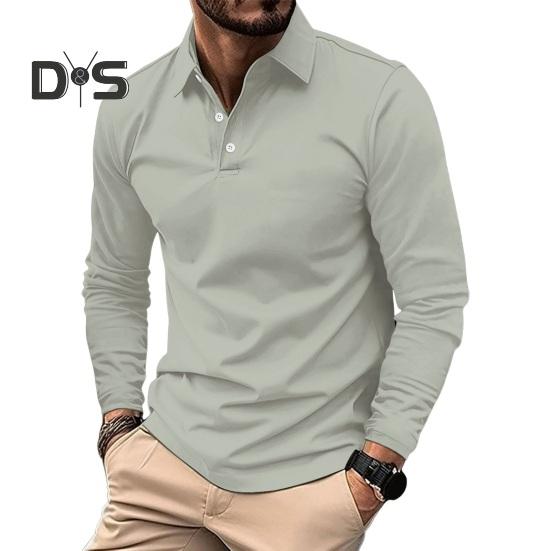 Koszula męska letnia zapinana na guziki, kołnierzyk wykładany, sweter, długie rękawy, średnia długość, jednolity kolor, swobodny styl biznesowy