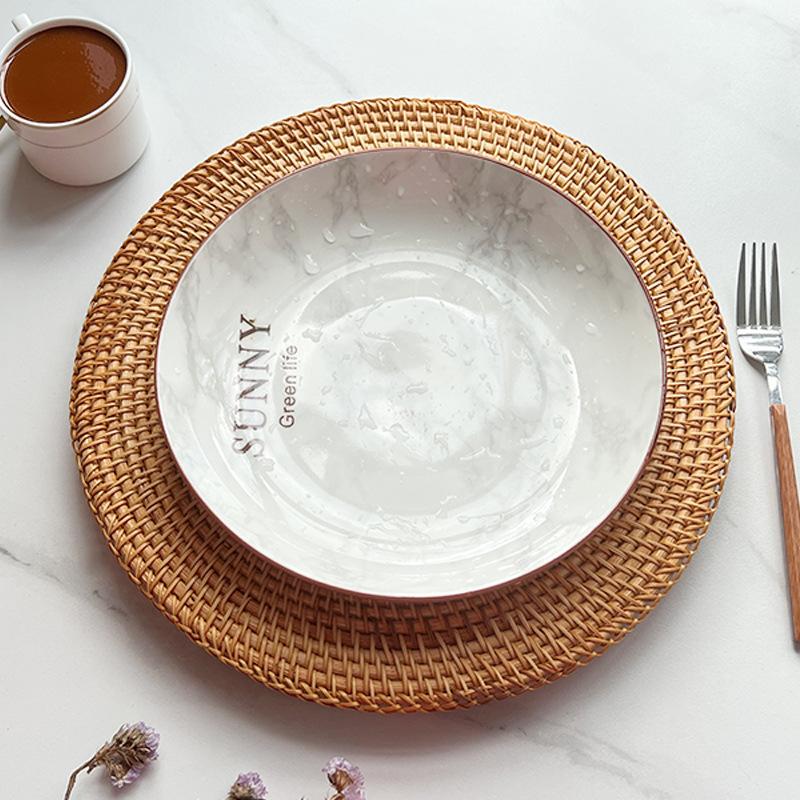 HeMu Handmade Creative Rattan Storage Tray Living Room Restaurant Coffee Bread Tray Hollow Fruit Tray Rattan Insulation Pad