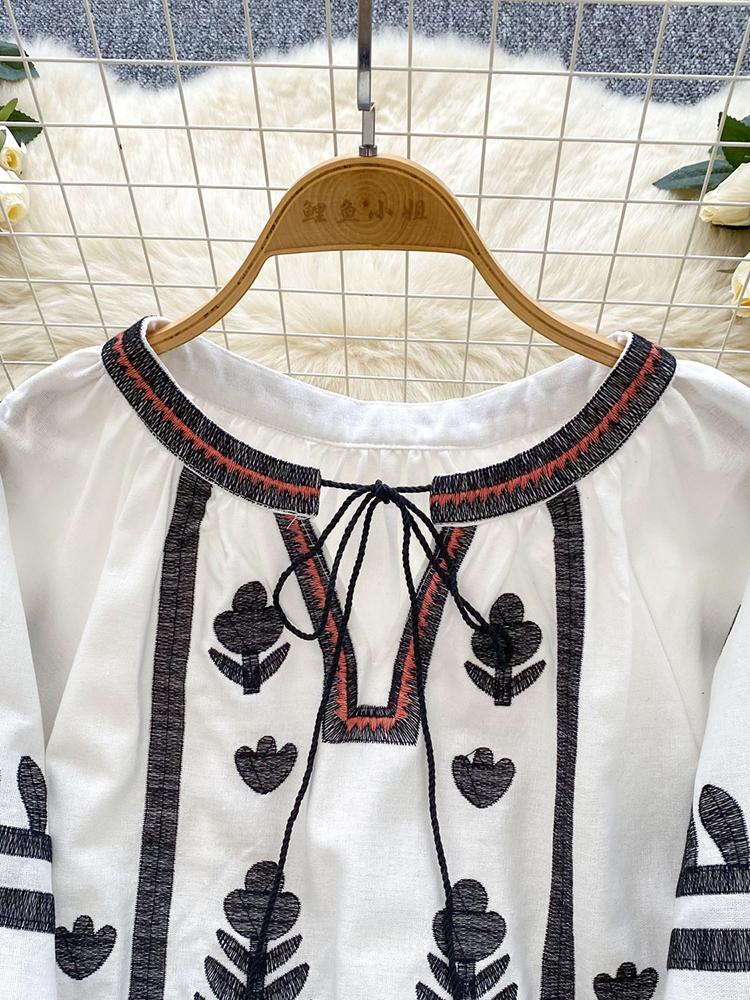 Primavera Otoño Nuevo Vintage Camisa Manga Farol Mujer Bordado Cuello Redondo Tirante Suelto Casual Blusa Top