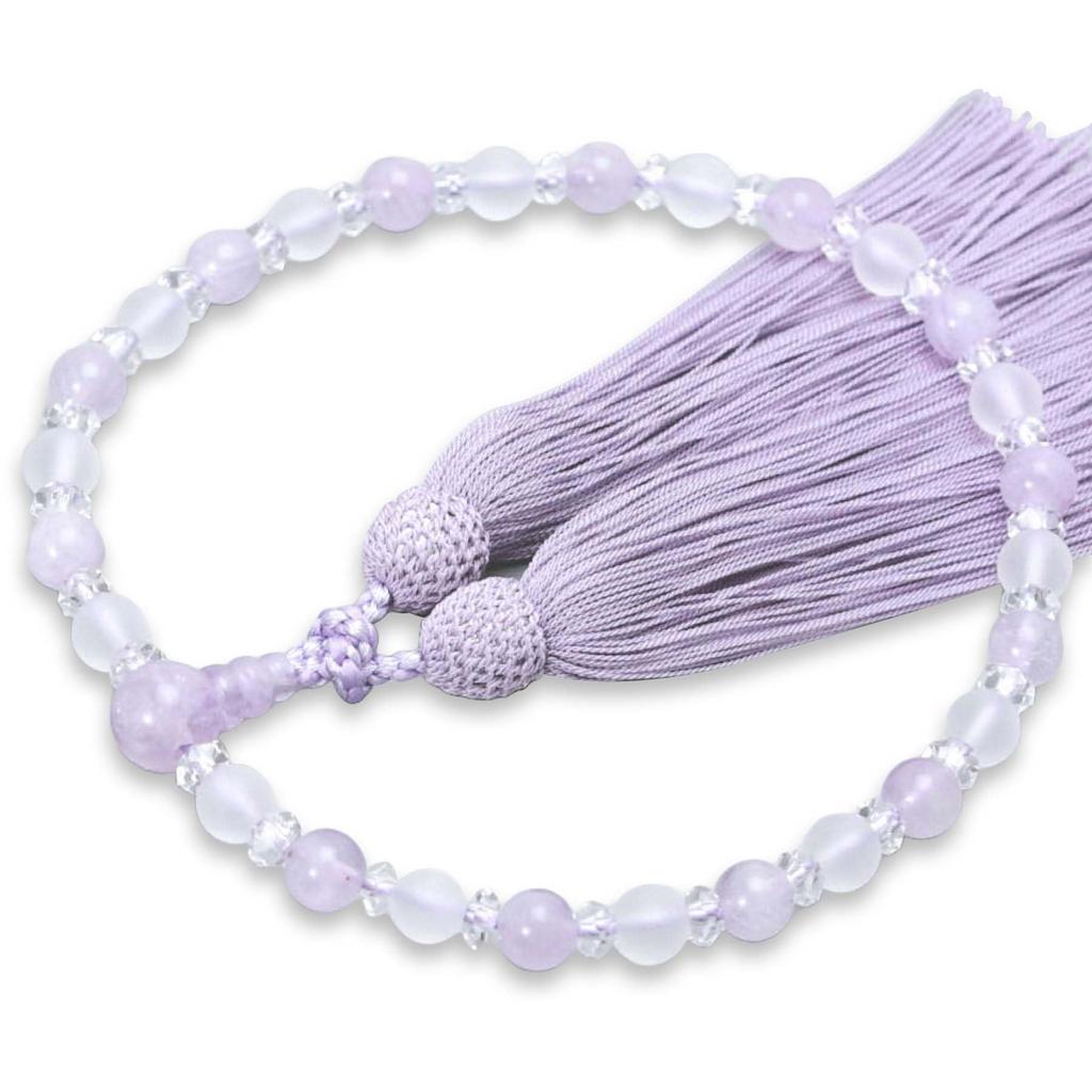 Women's Buddhist Prayer Beads, Kyoto Style, with Light Snow Crystal and Fujiun Stone Design, Silk Matsukaze Tassel, Suitable for All Sects, Ideal for