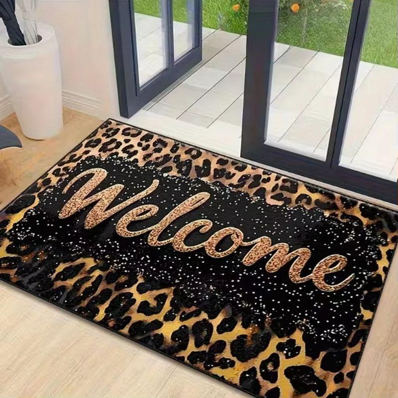 Leopard Print Welcome Entrance Doormat Non Slip Durable Floor Mat For Entryway Front Door Home Decor