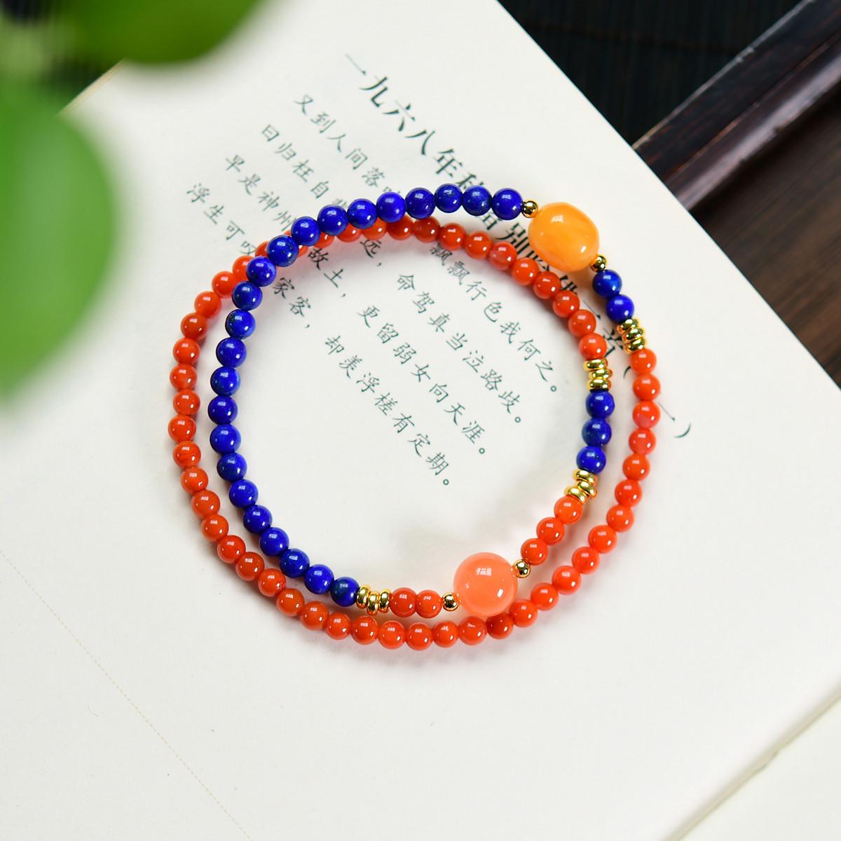 925 Silver Double-Loop Bracelet with Natural Lapis Lazuli, Southern Red Agate, and Amber 4mm