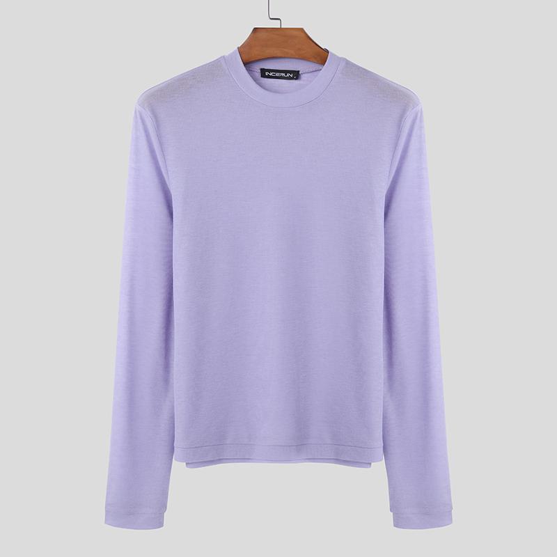 

INCERUN Men Round Neck Long Sleeve Knitted Semi-Sheer T-shirts Tops XL фиолетовый