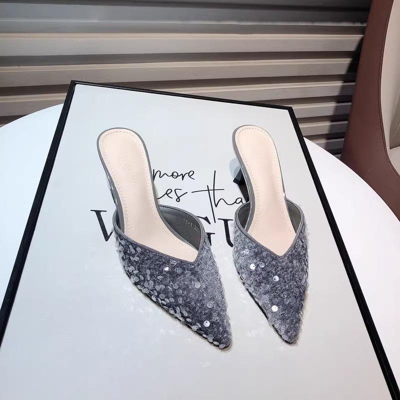 Baotou half slippers women's outer wear spring and summer new sequined pointed women's shoes medium heel casual slippers