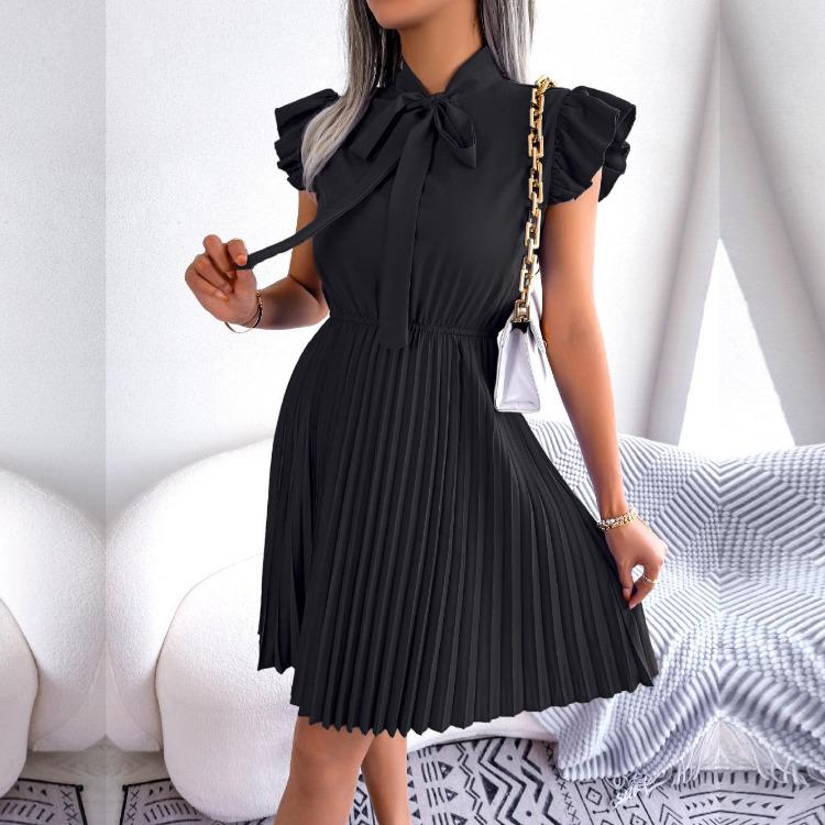 Women Elegant High Waist Pleated Dress with Lace Up Detail and Large Fold Bow Collar Solid Color Spring Summer Fashion