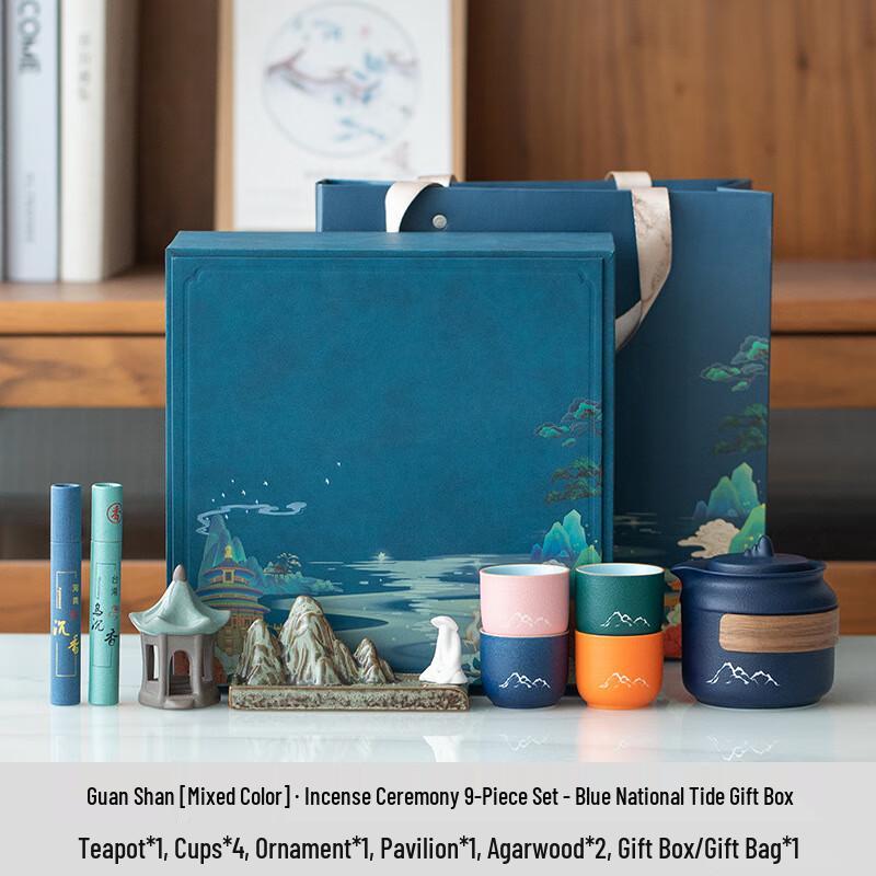 Guochao Style Ceramic 9-Piece Tea & Incense Set