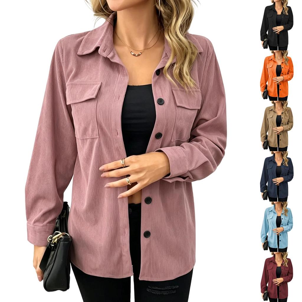 Women's Corduroy Long Sleeve Shirt with Retro Lapel Collar and Double Pockets Casual Blouse