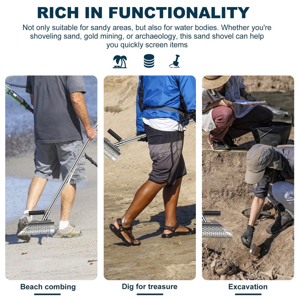 Beach Sand Scoop Shovel Stainless Steel Long Handle Sand Scoop Gloves Manual Sand Sifter Shovel for Underwater Treasure Metal