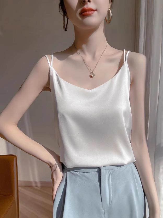 2025 Women's White Satin Camisole Tank Top: Elegant Back Design, Imitation Silk Summer Innerwear