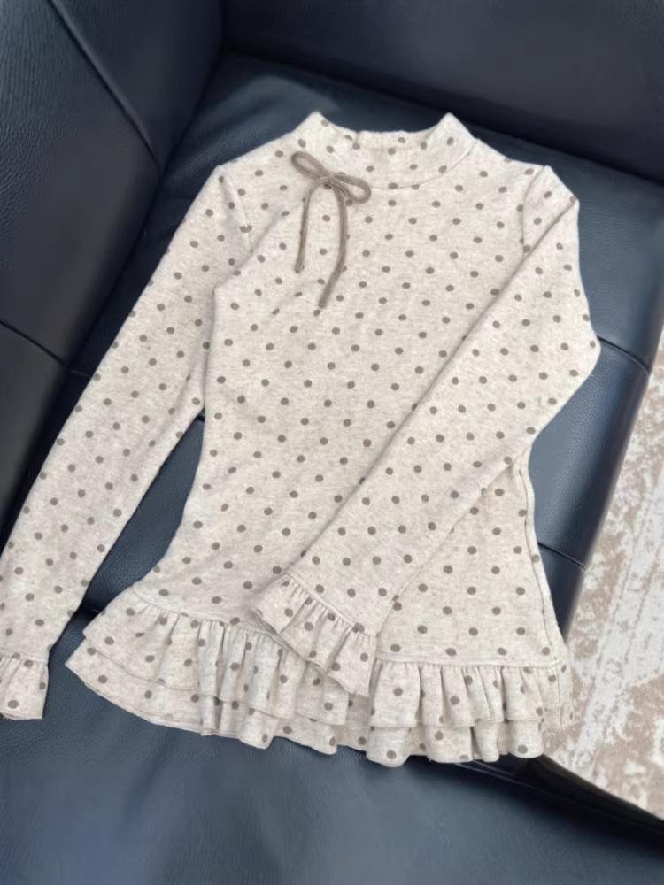 Women's Slimming Polka Dot Ruffle Long Sleeve Top with Bowknot - Autumn/Winter Layer