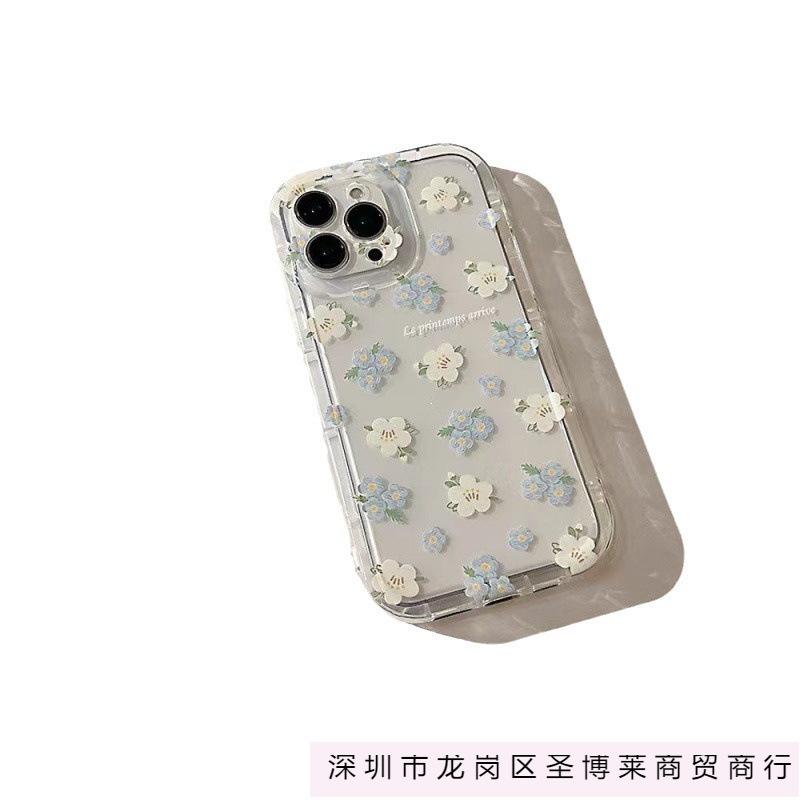 Blue and White Floral Application Apple 16promax Mobile Phone Case 15plus Fresh 14 Airbag 13 Transparent 1211