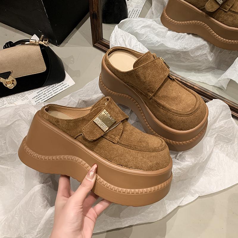 Fashion 8CM Height Increasing Women's Shoes No Heel Half Drag Spring New Style Thick Soled High Heels Toe Cap Casual Women's Slippers