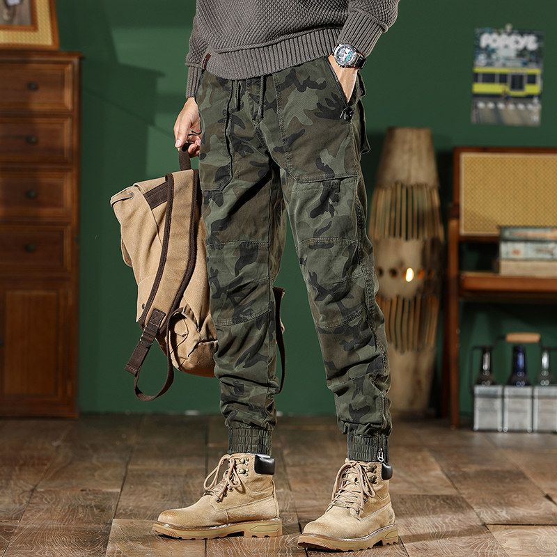 Men's Slim-Fit Camouflage Cargo Pants with Drawstring, Harem Style, Spring and Autumn Trendy Outdoor American Casual Long Pants