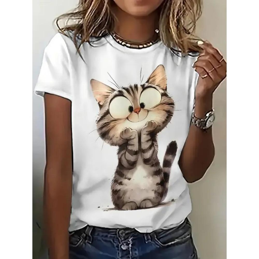 Funny Cat T-Shirts Animal 3D Print Women O-Neck Short Sleeves T Shirt Streetwear Y2k Tees Tops Female Clothing