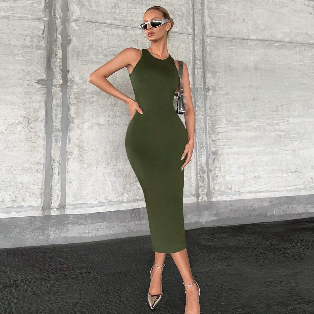 2026 Spring/Summer European American Women's Solid Color Slim Hollow Out Tank Dress