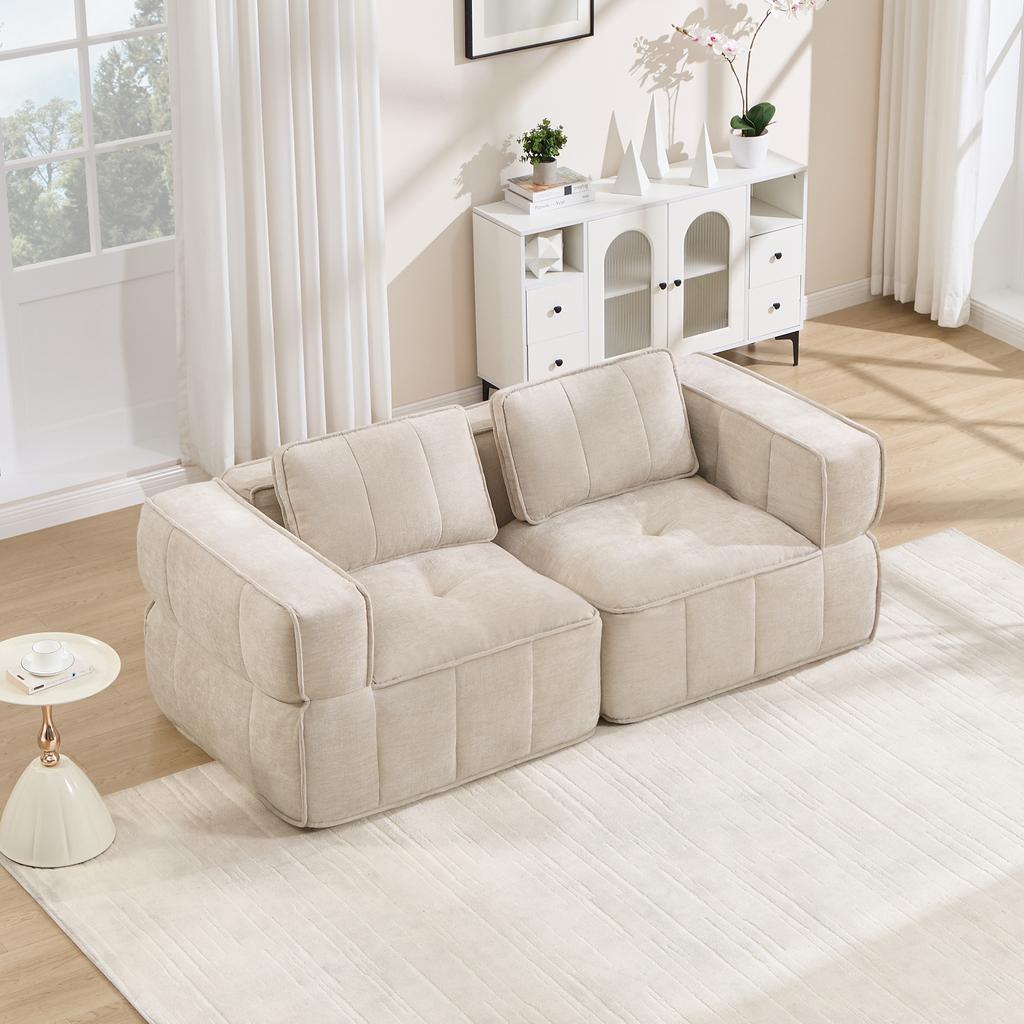 Modern Two-Seater Sofa, Modular Corner Sofa without Frame, 32D High-Density Foam, Deep Seat, Soft and Comfortable Cover, No Assembly Required, Beige.