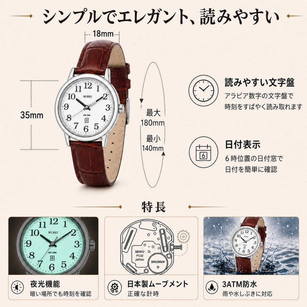 BUREI Japanese Quartz Date Leather Casual Watch for Women Women's Watch, Movement, Stylish, Waterproof, Display, Strap, Simple, Lightweight,