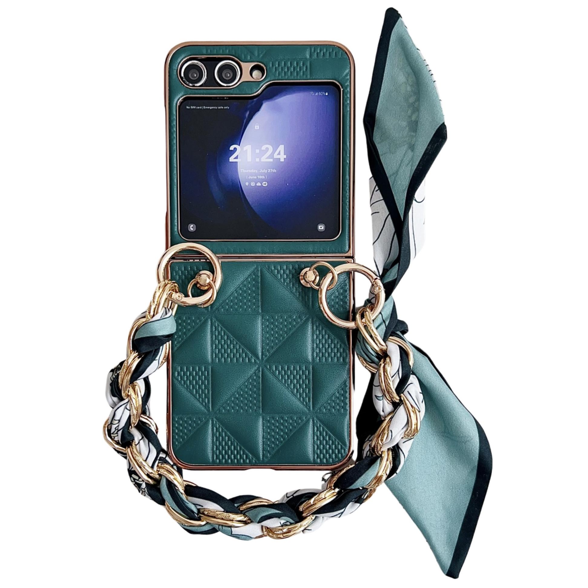 

For Samsung Galaxy Z Flip7 FE 5G/Z Flip6 5G/Z Flip5 5G Case Grid Texture Leather+PC Bracelet Phone Cover Dark Green