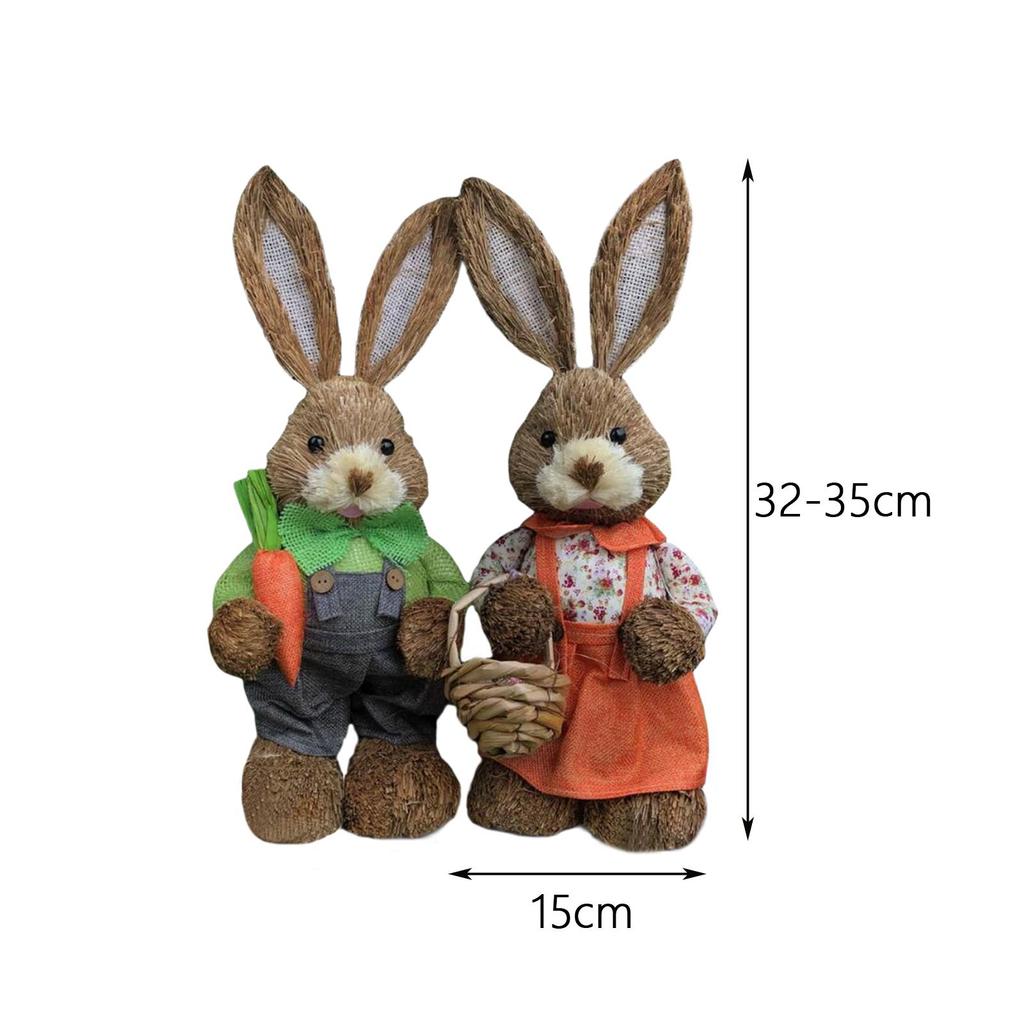 2 Pieces Easter Bunny Rabbit Straw Figures Decoration 35cm Tall Vivid and Lovely Lifelike Holiday Gifts Exquisite Craftsmanship