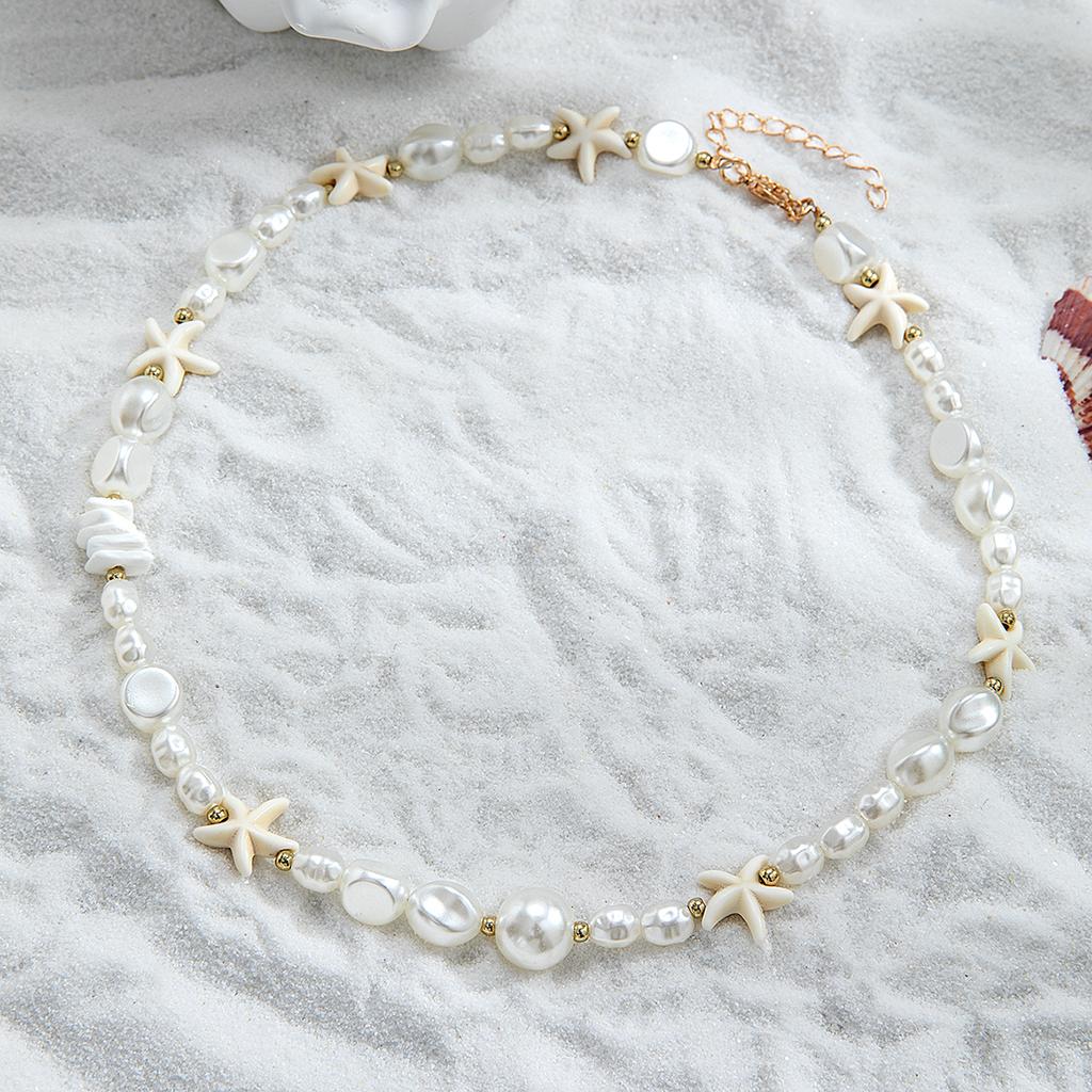 Colar de estrela-do-mar turquesa estilo praia de férias pérola de imitação irregular colar curto feminino