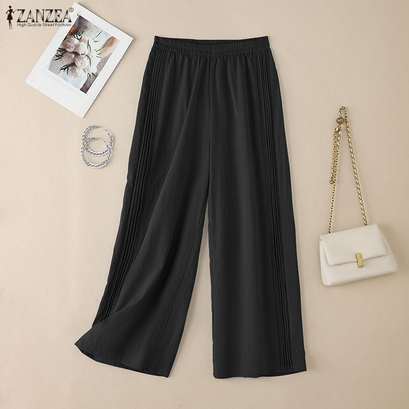 ZANZEA Lässige, lockere Hose mit elastischer Taille und einfarbigen Details für Damen