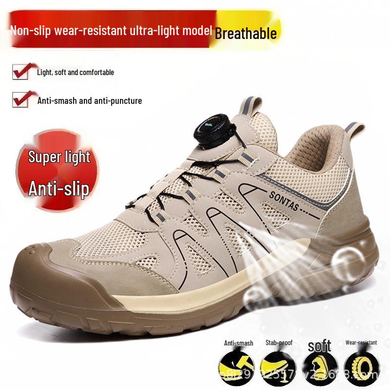 Herren Sommerschuhe mit Stahlkappe - Atmungsaktiv, Schutz vor Quetschung und Durchstich für Baustellen Khaki Breathable; 41