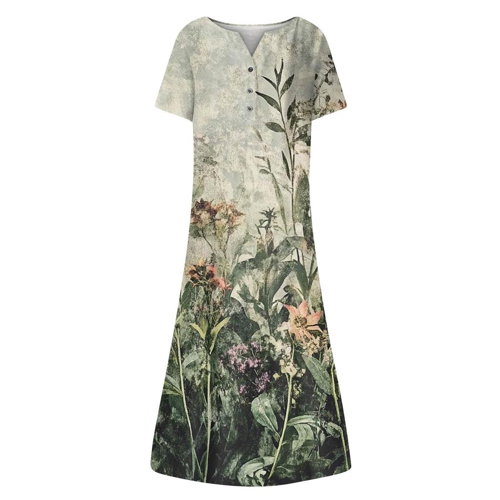 Women's Summer  Printed V-Neck Short-Sleeve Swing Dress