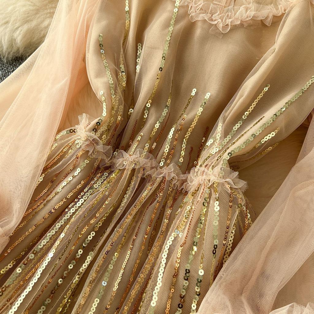 High-end Women's Dress 2025 Sequined Embroidered Three-dimensional Lace Mesh Long-sleeved Waist Dress Skirt