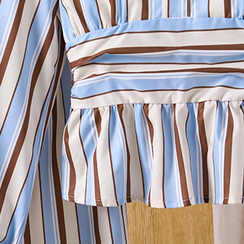 Girls' Casual Striped Set: Spring/Fall Children's Long-Sleeve V-Neck Top and Wide-Leg Pants Two-Piece Set