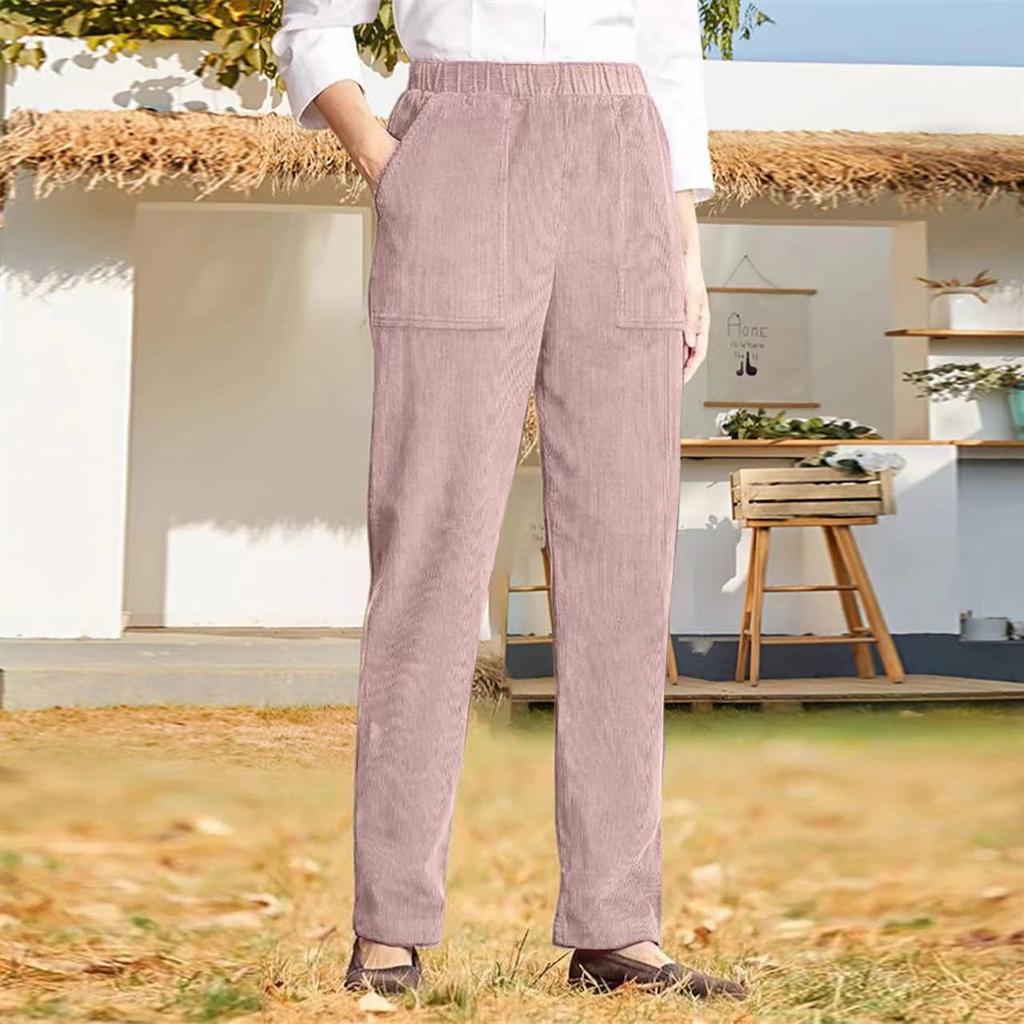2026 New Women's Solid Color Elastic Waist Corduroy Straight Leg Casual Pants