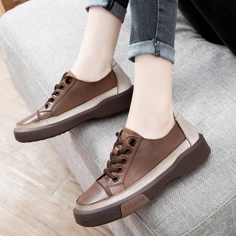 Fashion GKTINOO Genuine Leather Retro Women Sneakers Casual Lace Up Flat Ladies Shoes Fashion Breathable Comfort Women's Flat Shoes