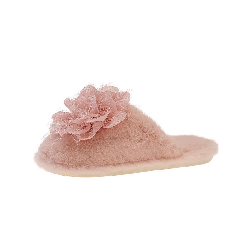 Korean sweet mesh flower flat heel slippers women's autumn wear Internet celebrity one-character soft bottom non-slip cotton slippers women