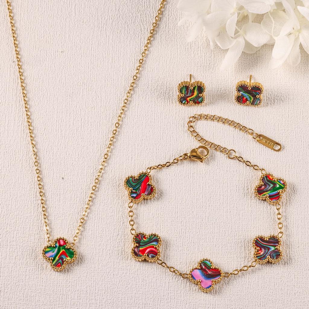3PCS Clover 18K Gold Plated Necklace Bracelet Earnail Set Women's Light Luxury Colorful Fashion Accessories