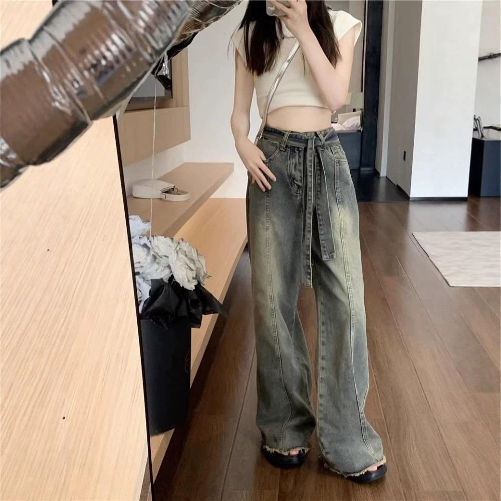 Women's High Waist Wide Leg Jeans Vintage Washed Tie Belt Loose Fit Raw Hem Casual Denim Trousers