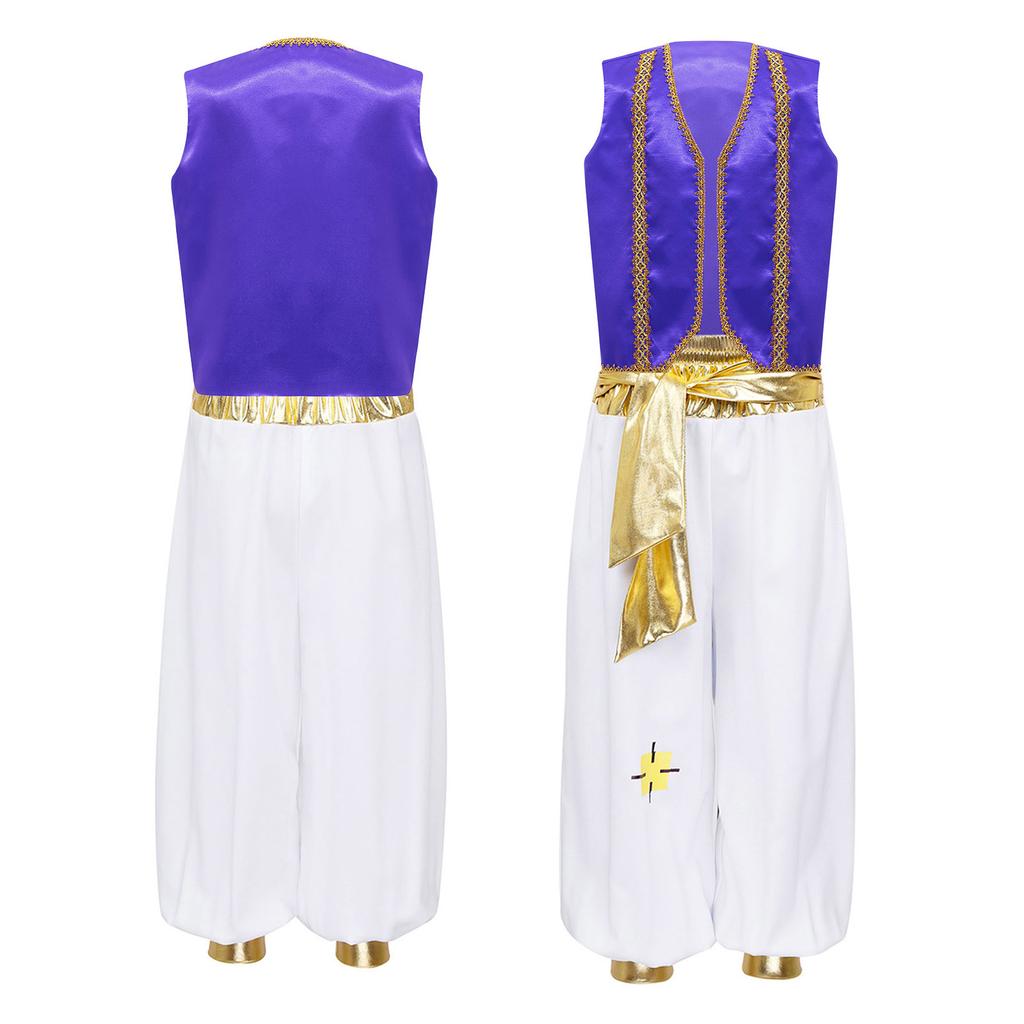 Jungen Arabischer Prinz Kostüm Ärmellose geflochtene Weste Hose mit Gummizug Harems-Outfit Halloween-Kleidung