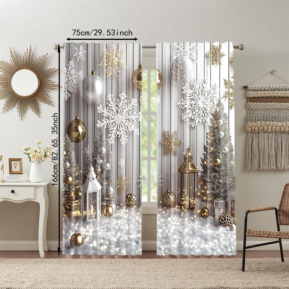 2Pcs Christmas Tree And Snowflake Window Curtain Polyester Material With Rod Pocket Landscapes Print For Bedroom And Living Room