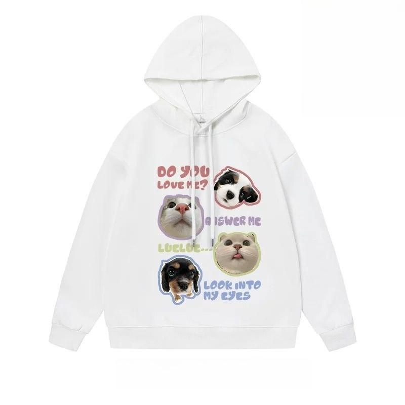 American Fashion Street Retro Cat and Dog Head Print Fall New Unisex Children's Warm Loose Plus Size Sports Hoodie Jacket