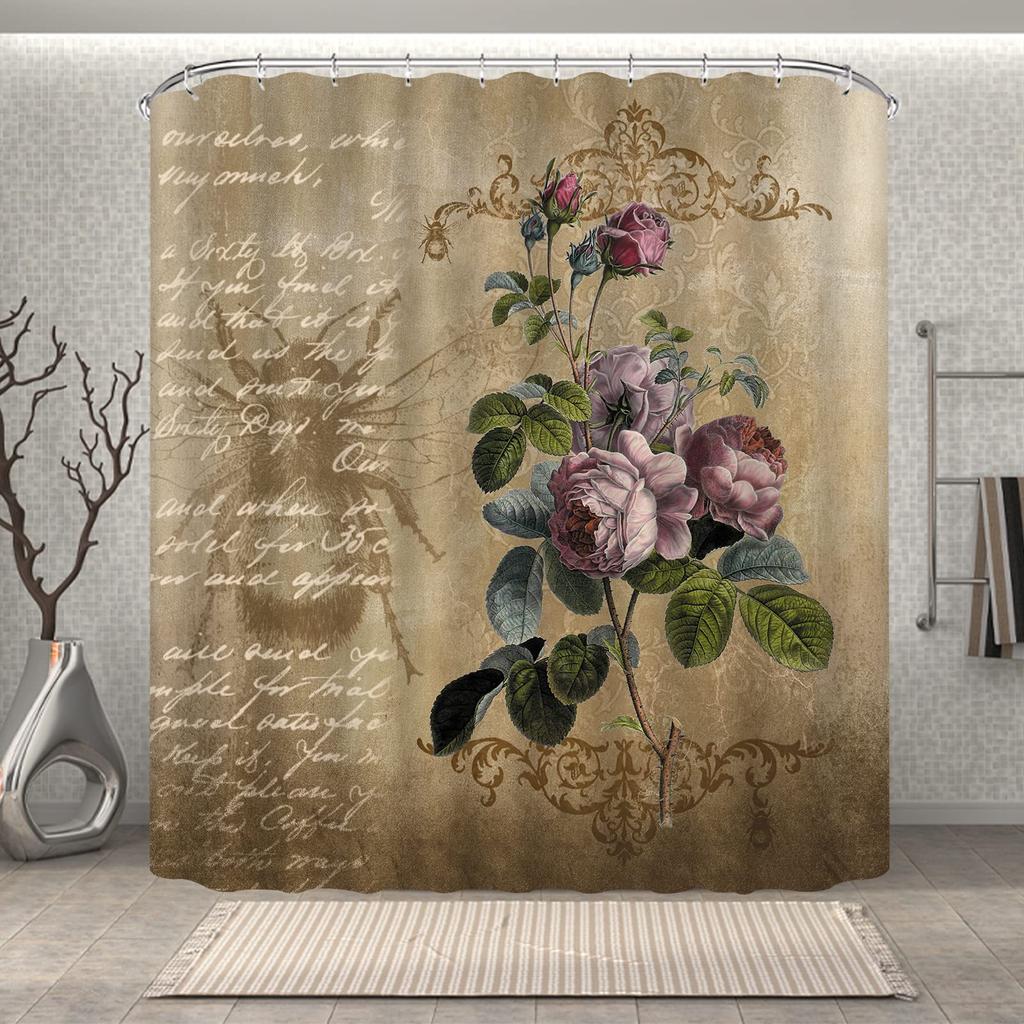 Purple Rose Shower Curtain Retro Floral Shower Curtains Waterproof Gold Classical Chic Elegant Flowers Vintage Bathroom Curtains