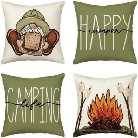AVOIN colorlife Happy Camper Camping Life Throw Pillow Covers 18x18 Set of 4, Gnome S More Campfire Decoration for Sofa Couch