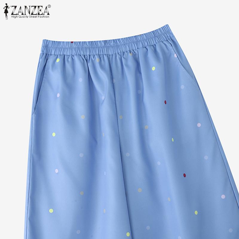 ZANZEA Women Casual Elastic Waist Loose Polka Dot Print Cropped Pants