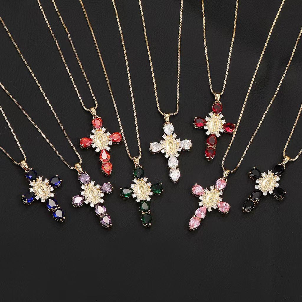 Divine Virgin Mary Crosses Charm Necklace with Shimmering Stones Neck Accessory for Fashion Forward Individuals
