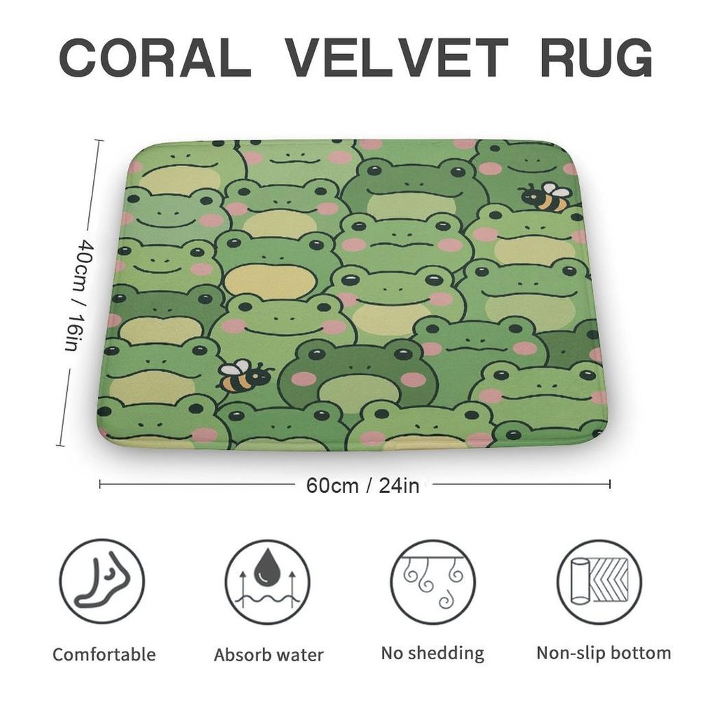 Frog Door Mat – Cute Green Frogs & Bee Pattern, Playful Nature-Inspired Entryway Mat for Bathroom, Kitchen 40x60cm 50x80cm