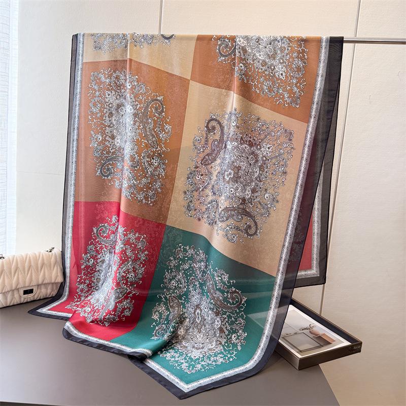 Retro Cashew Nut Simulation Silk New Silk Satin Fashion Sunscreen Spring And Summer Style Silk Scarf Long Scarf Shawl Versatile Headscarf Scarf