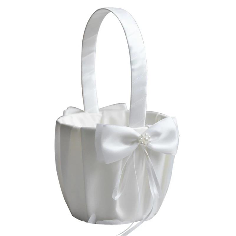 Silk White Flower Basket Handheld for Brides Girls Kids Wedding Ceremony Party Decorations Handheld Floral Basket