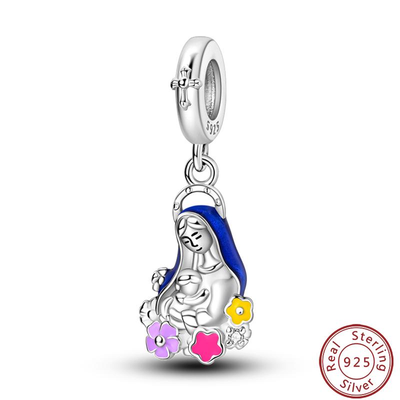 925 Silver Virgin Mary Deep Blue Golden Goddess Beautiful Blessing Charms Beads 3mm DIY Fine Jewelry Making